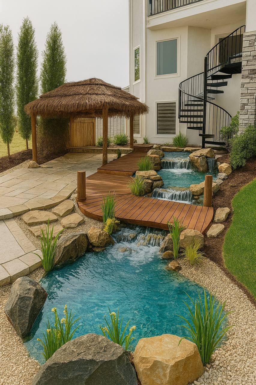 Water feature with wooden bridge, stream, boulders and tiki hut — Colorado Lawn Clinic